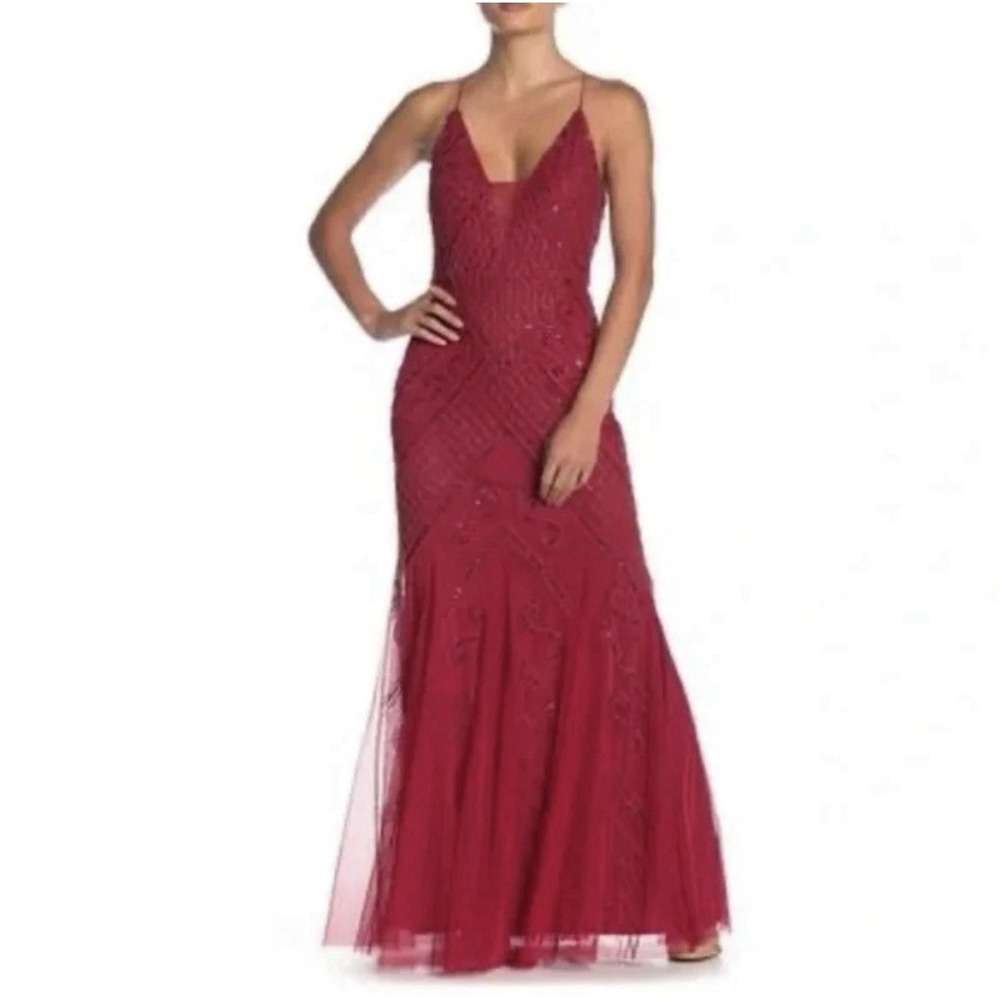 Marina Red Beaded‎ Sequin Mermaid Skirt Formal Evening Prom Dress Gown Size 8